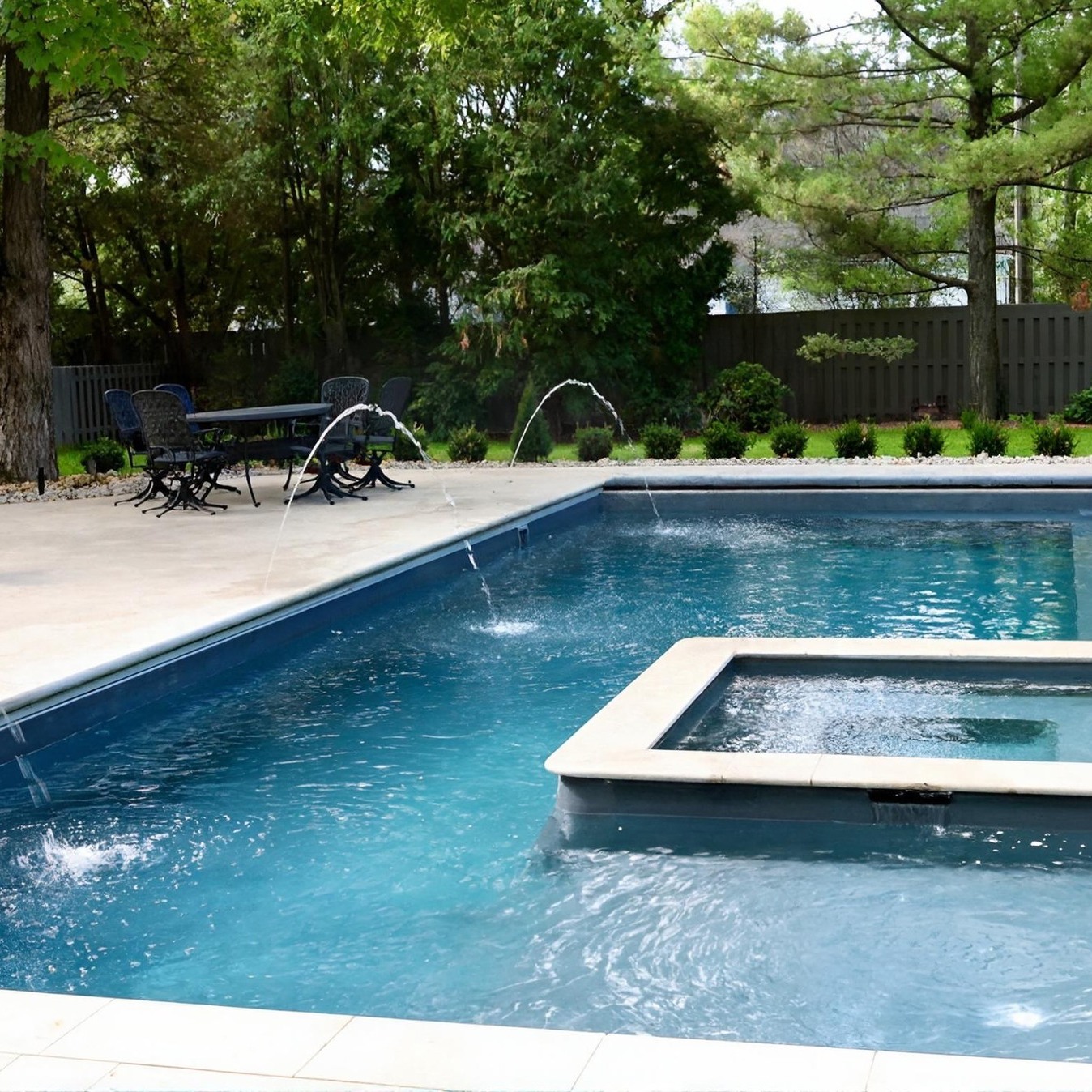 Pool with attached spa and water jets in Ohio backyard